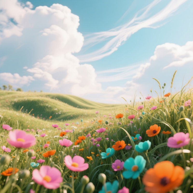 A Sunlit Meadow Filled With Wildflowers, Each Blossom Rendered In Hyper Saturated Colors Of Pink,