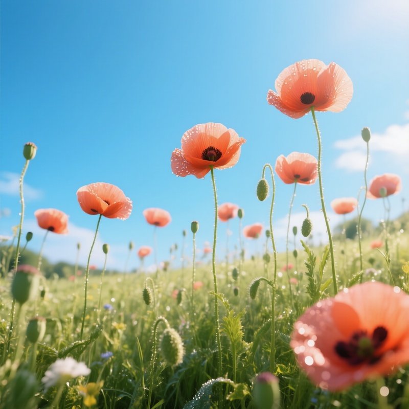 A Sunlit Meadow In Early Summer Filled With Towering Wild Poppies Swaying Gently Under A Clear Blue