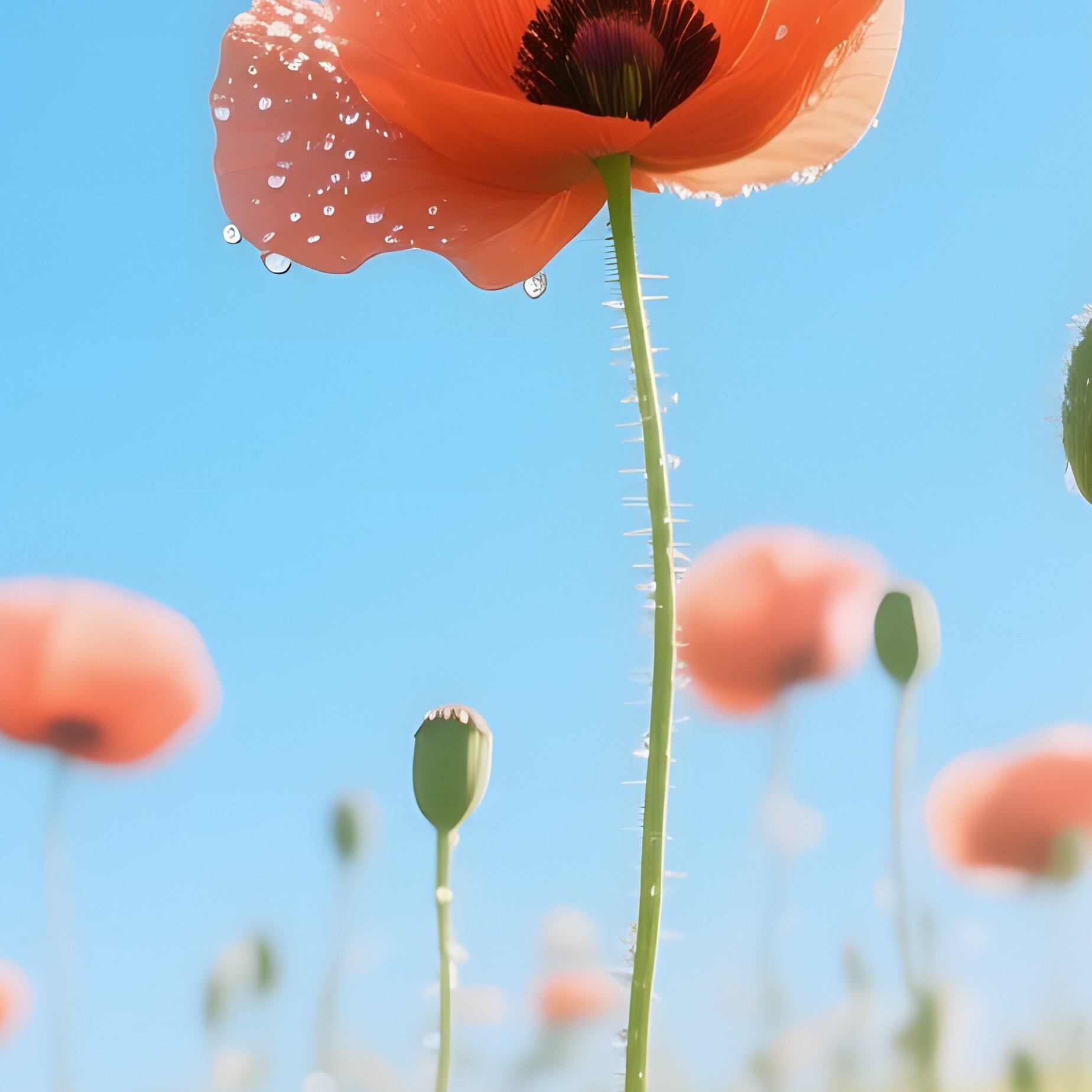 A Sunlit Meadow In Early Summer Filled With Towering Wild Poppies Swaying Gently Under A Clear Blue - Full Resolution Quality Preview