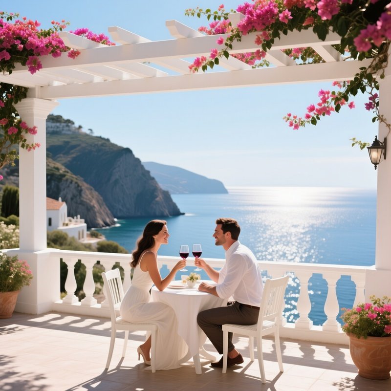 A Sunlit Mediterranean Cliffside Villa Terrace, A Couple Shares A Glass Of Wine While The Sea
