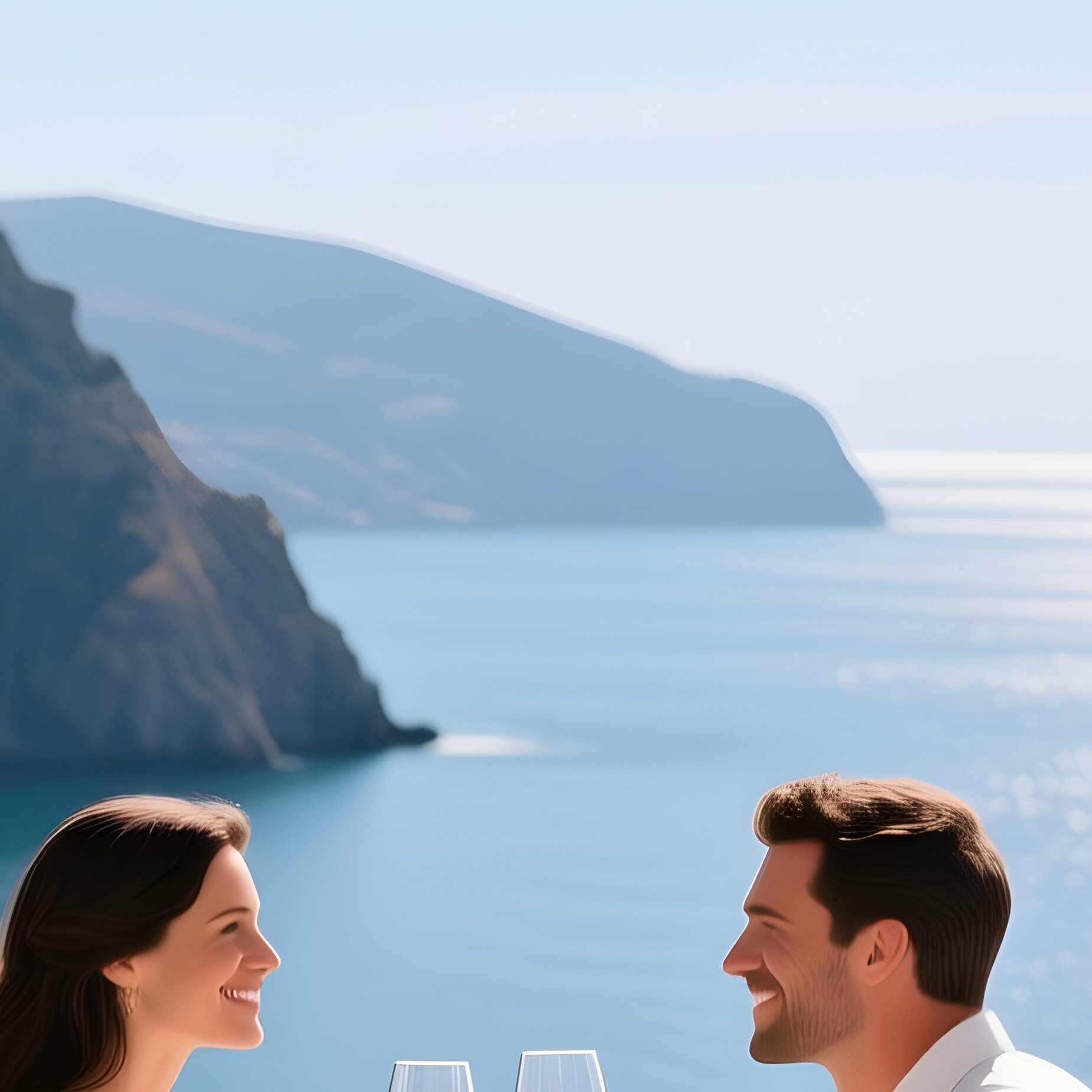 A Sunlit Mediterranean Cliffside Villa Terrace, A Couple Shares A Glass Of Wine While The Sea - Full Resolution Quality Preview