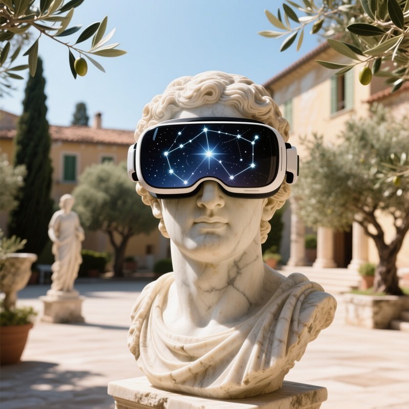 A Sunlit Mediterranean Courtyard Where Ancient Marble Statues Wear Modern Vr Headsets, Their Eyes