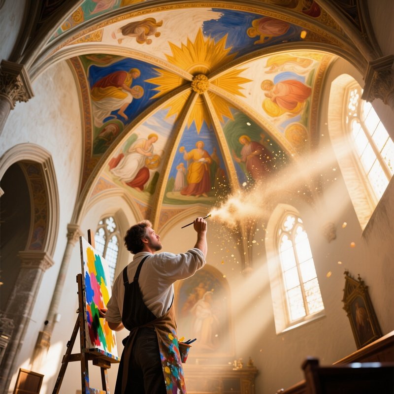 A Sunlit Renaissance Chapel Interior Where A Master Artist Is Applying Vibrant Pigments To A