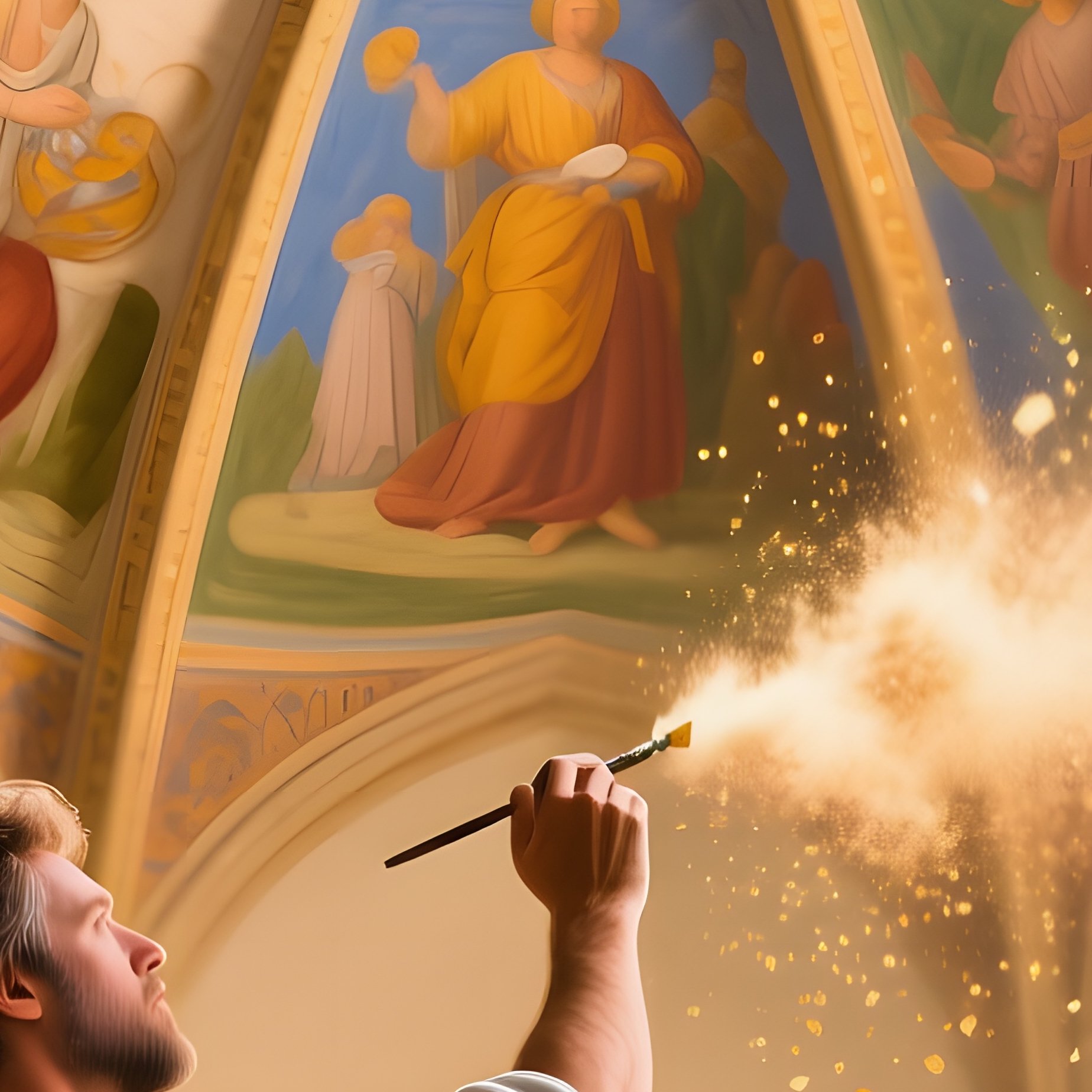 A Sunlit Renaissance Chapel Interior Where A Master Artist Is Applying Vibrant Pigments To A - Full Resolution Quality Preview