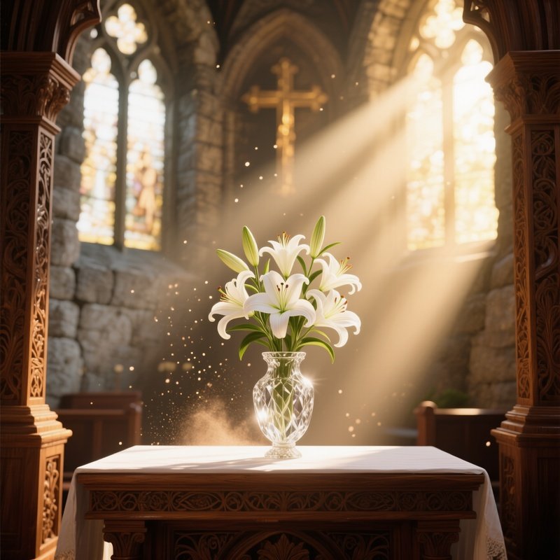A Sunlit Stone Chapel Altar Bathed In Golden Morning Light, Intricate Wooden Carvings Framing A