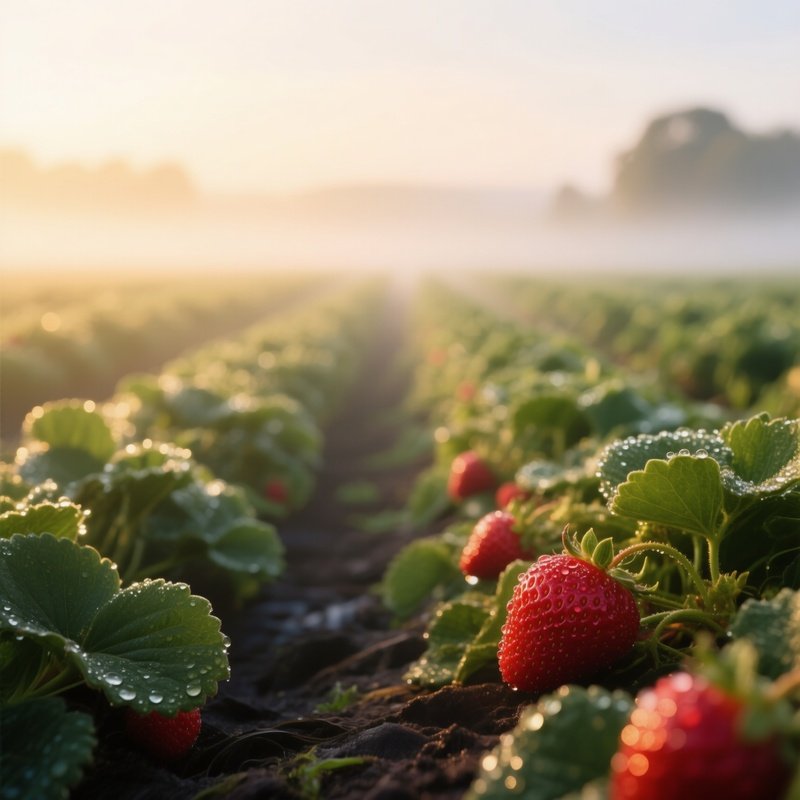 A Sunlit Strawberry Field At Dawn, Dewdrops Glistening On Ripe Red Berries, Soft Golden Light