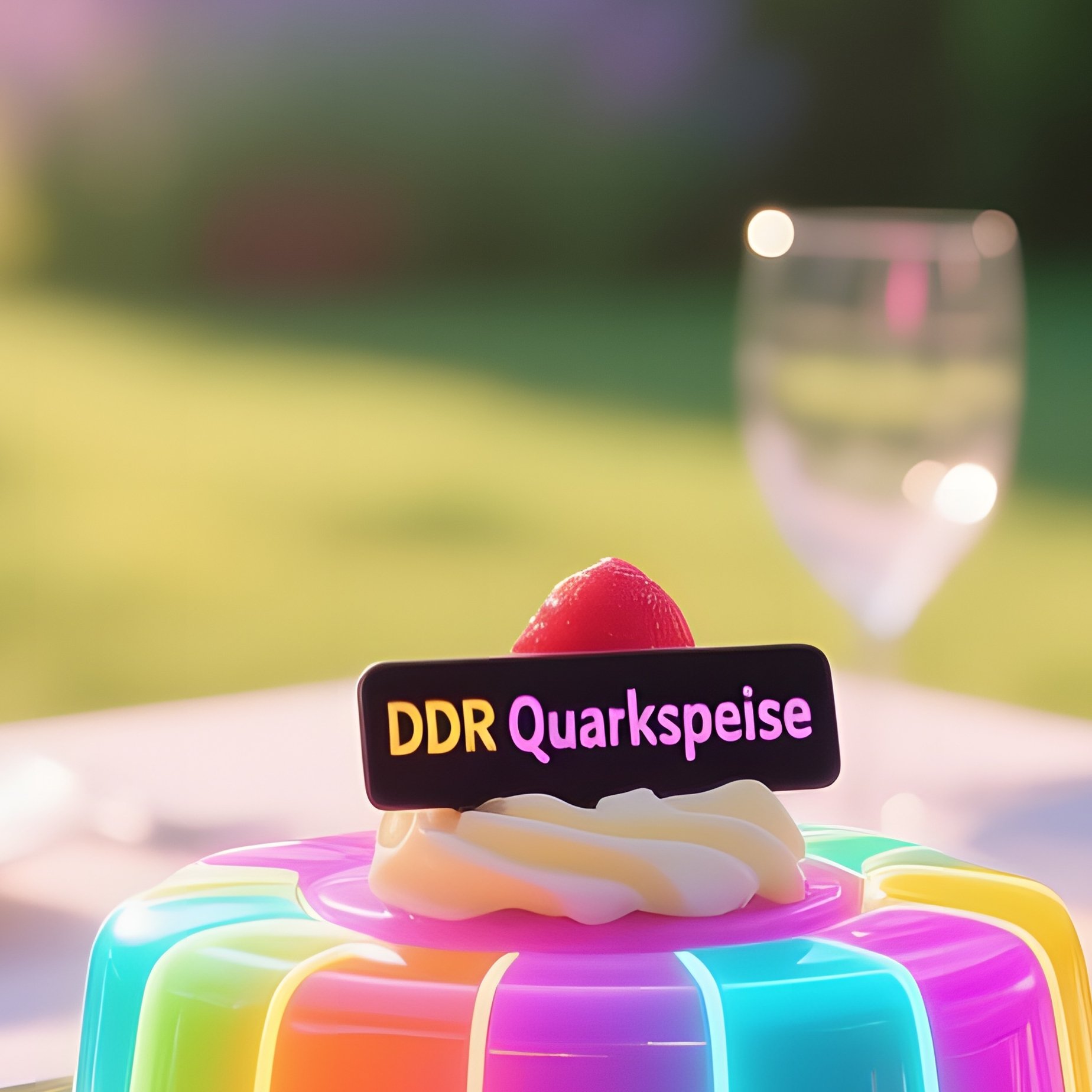 A Sunlit Summer Garden Table Set With A Glossy, Multicolored Dessert Resembling Neon Lit Dance - Full Resolution Quality Preview
