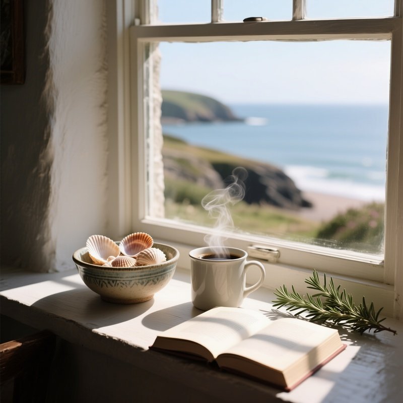 A Sunlit Windowsill In A Coastal Cottage, Where A Ceramic Bowl Of Sea Shells Sits Next To A