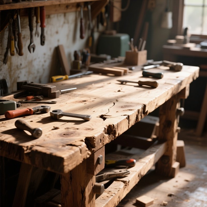 A Sunlit Workshop Bench Made Of Reclaimed Pine, Scattered Tools Casting Subtle Shadows On Its
