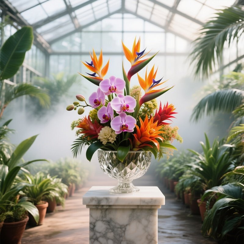 A Sunny Greenhouse Filled With Mist, Rows Of Tropical Plants Surrounding A Central Marble Pedestal