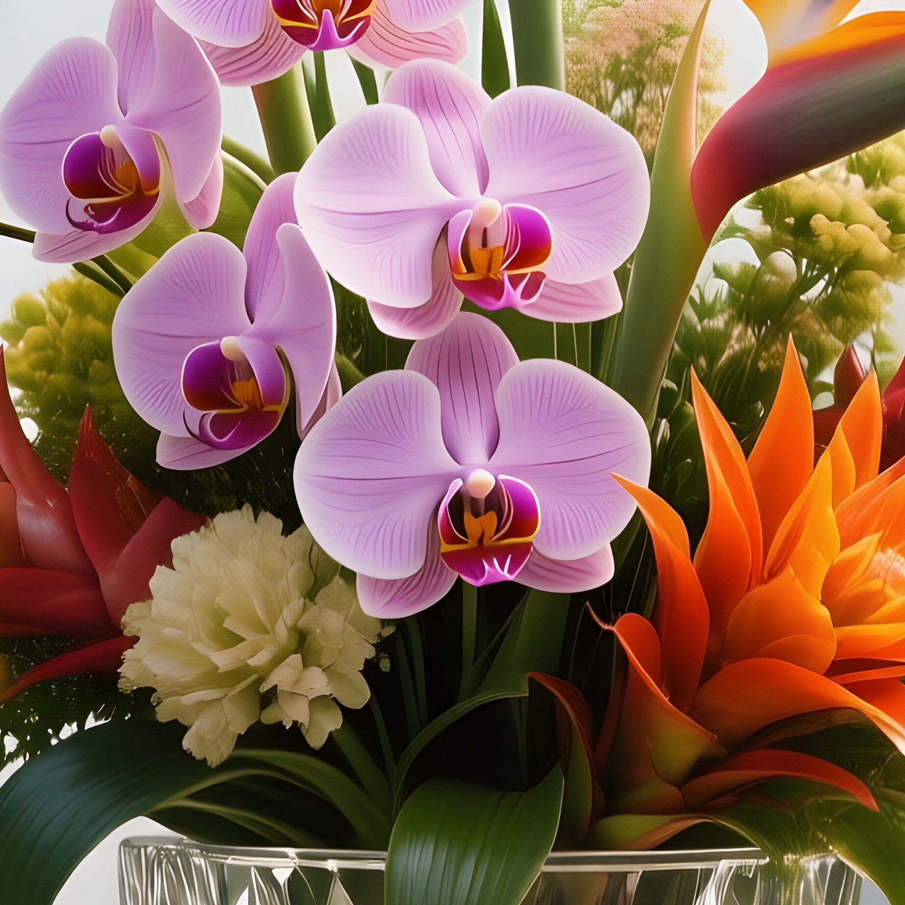 A Sunny Greenhouse Filled With Mist, Rows Of Tropical Plants Surrounding A Central Marble Pedestal - Full Resolution Quality Preview