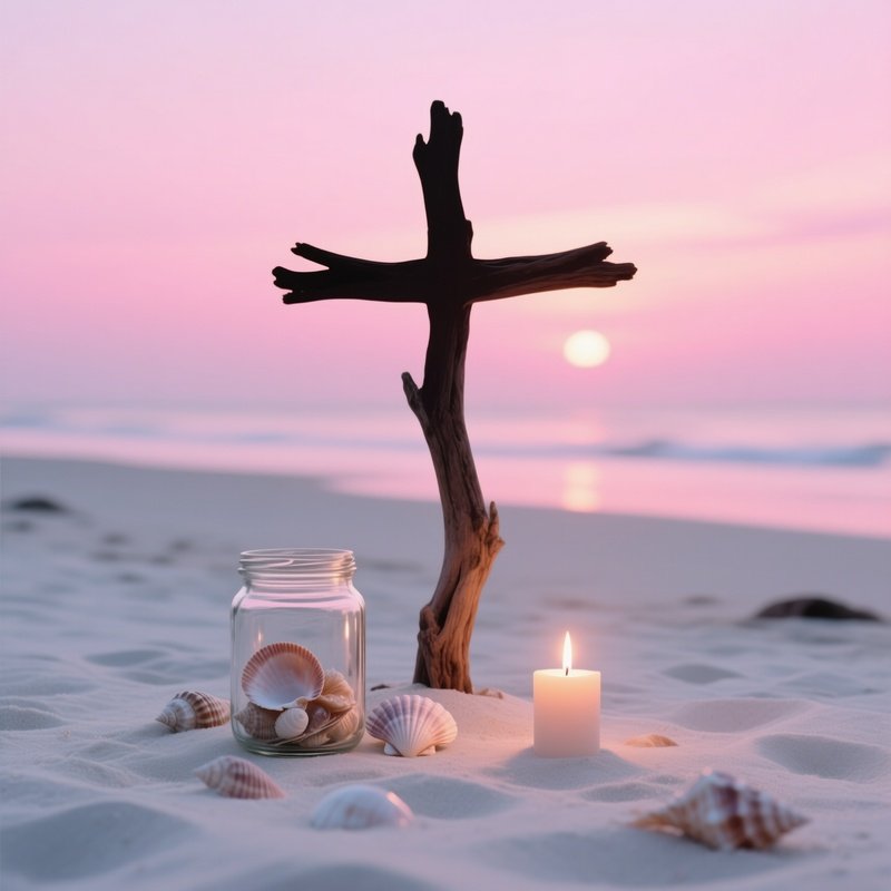 A Sunrise Beach Altar On White Sand, Driftwood Cross Silhouetted Against Pink Sky, A Glass Jar Of