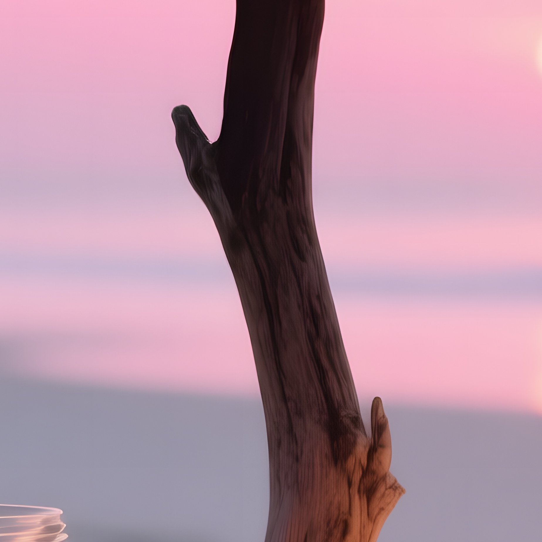 A Sunrise Beach Altar On White Sand, Driftwood Cross Silhouetted Against Pink Sky, A Glass Jar Of - Full Resolution Quality Preview