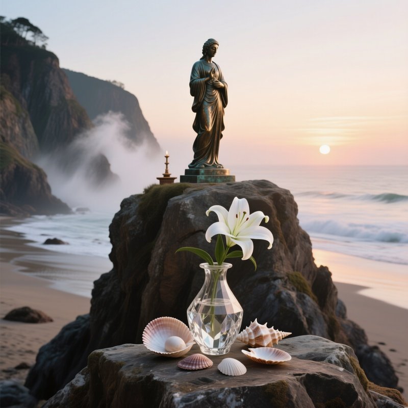 A Sunrise Beach Cliff Altar Atop Rugged Rocks, Sea Spray Misting A Bronze Statue, A Crystal Vase