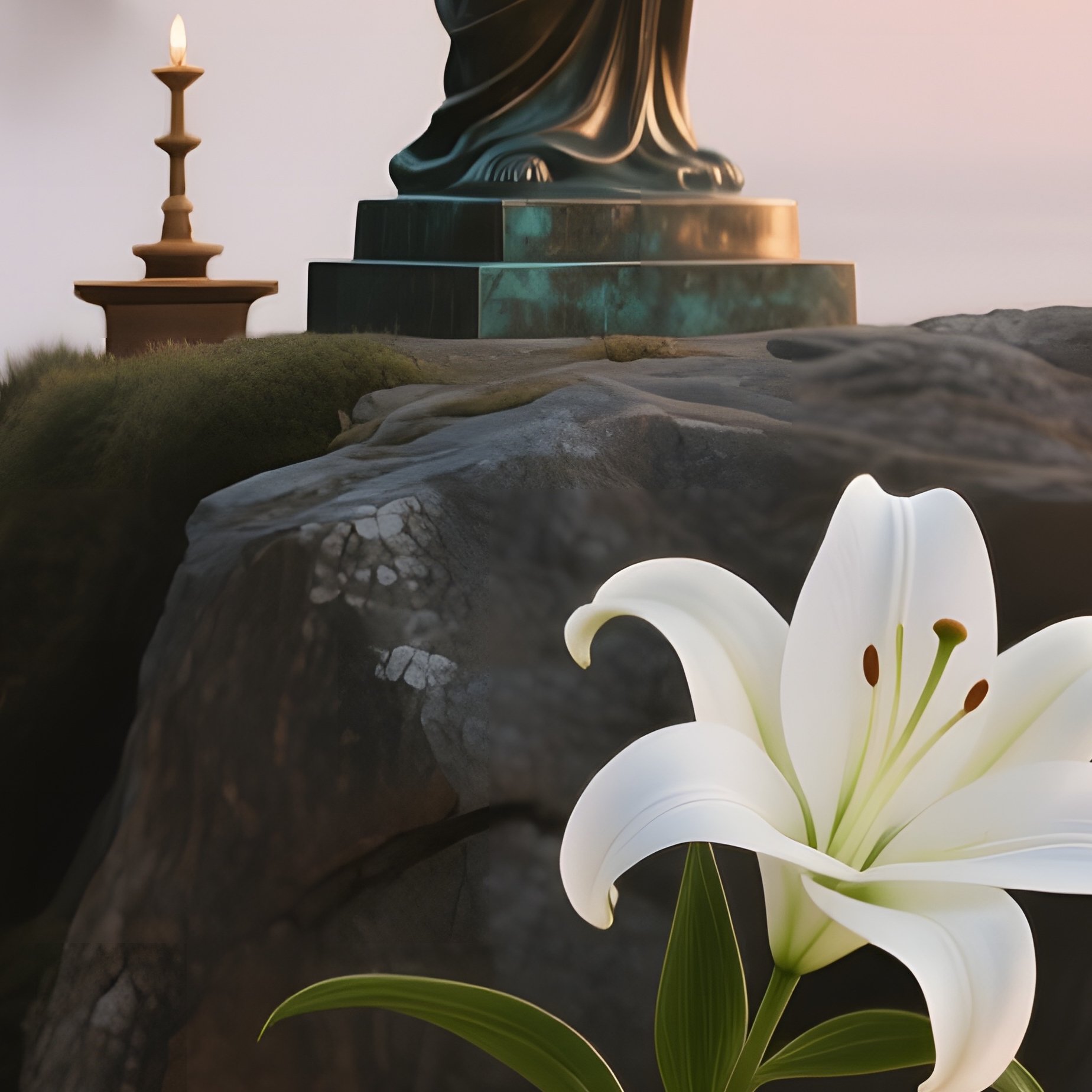 A Sunrise Beach Cliff Altar Atop Rugged Rocks, Sea Spray Misting A Bronze Statue, A Crystal Vase - Full Resolution Quality Preview