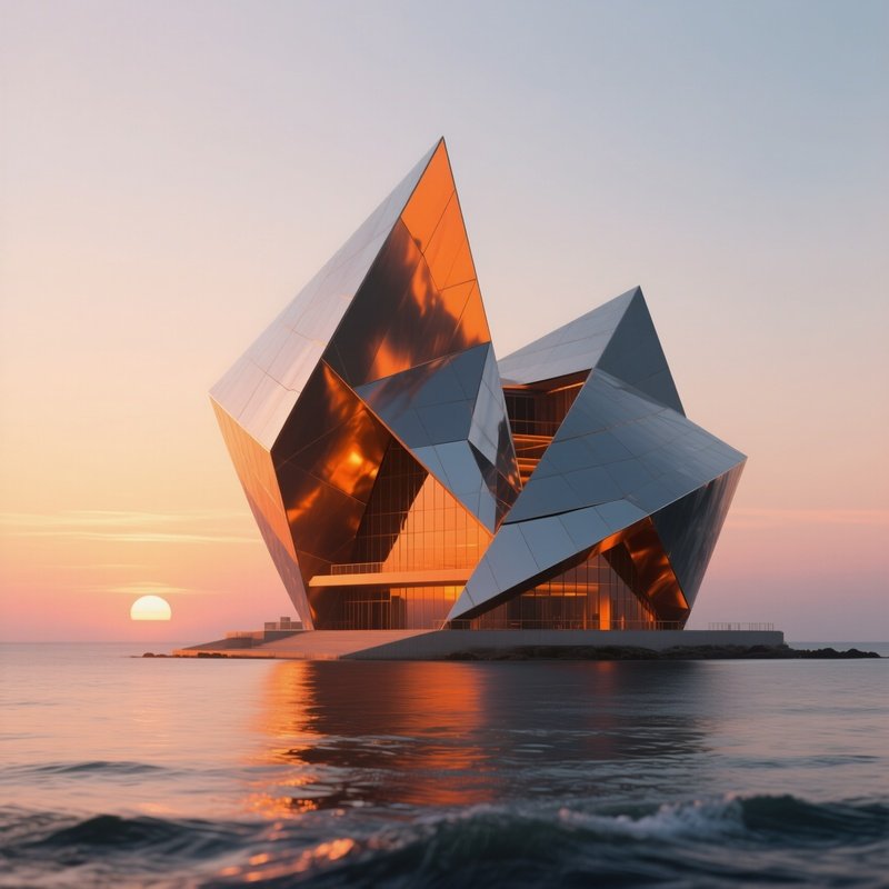 A Sunrise Behind An Avant Garde Opera House Shaped Like Interlocking Shards, Its Metallic Skin
