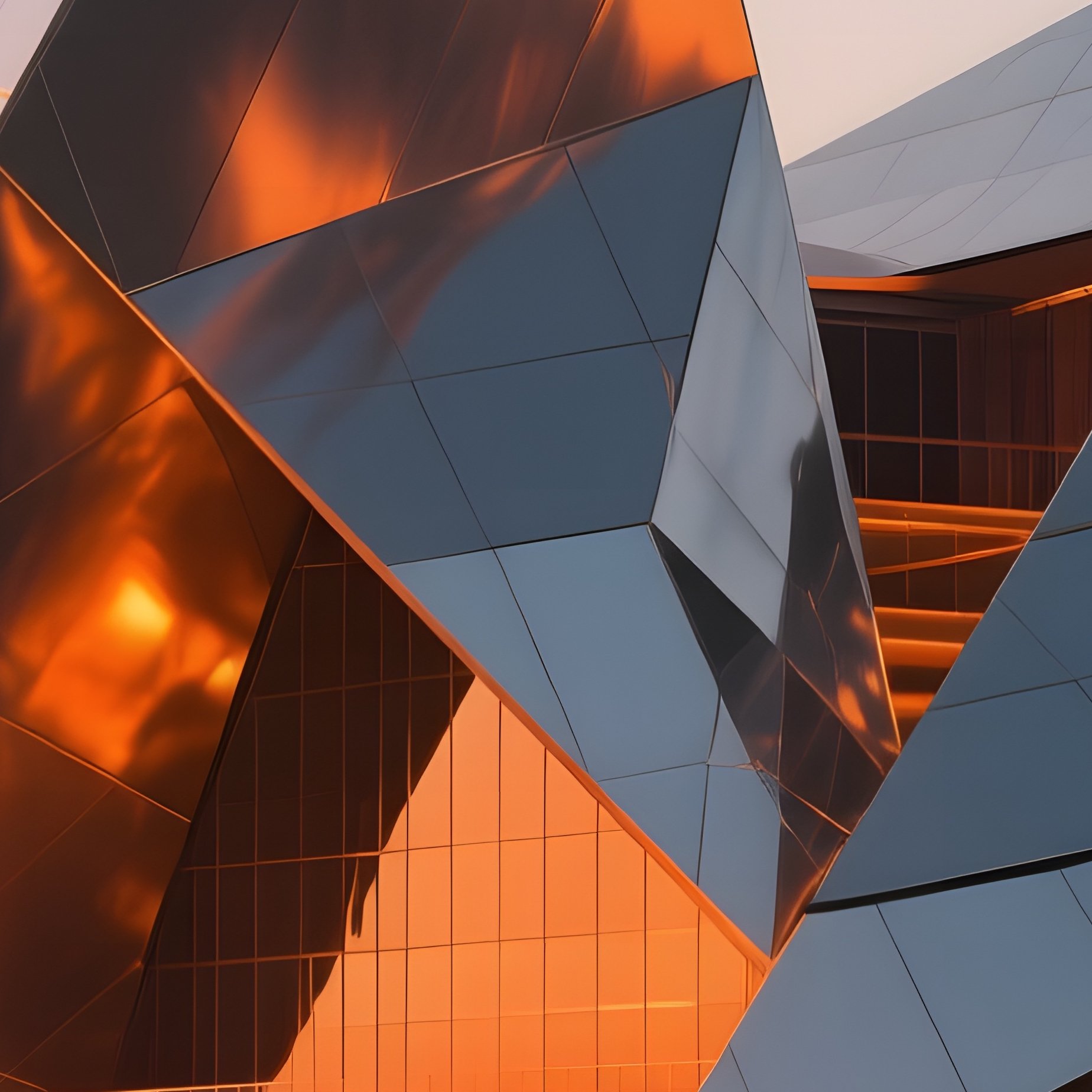 A Sunrise Behind An Avant Garde Opera House Shaped Like Interlocking Shards, Its Metallic Skin - Full Resolution Quality Preview