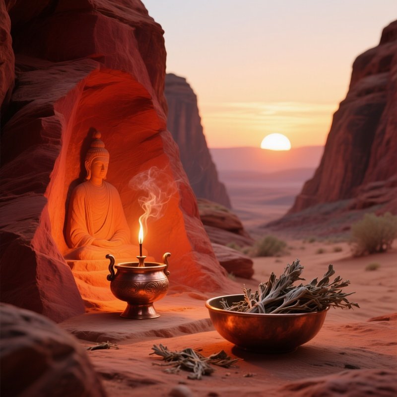 A Sunrise Desert Canyon Altar Carved Into Red Rock, Warm Orange Light Spilling Over A Copper