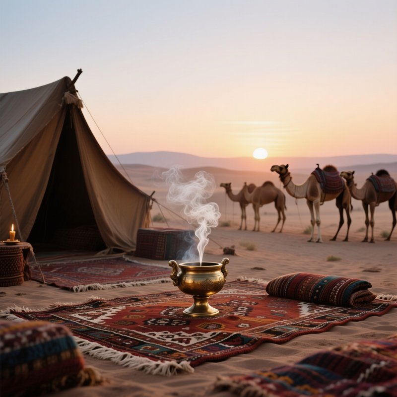 A Sunrise Desert Caravan Camp Altar Beside A Camel Herd, Woven Rugs Spread Out, A Brass Incense