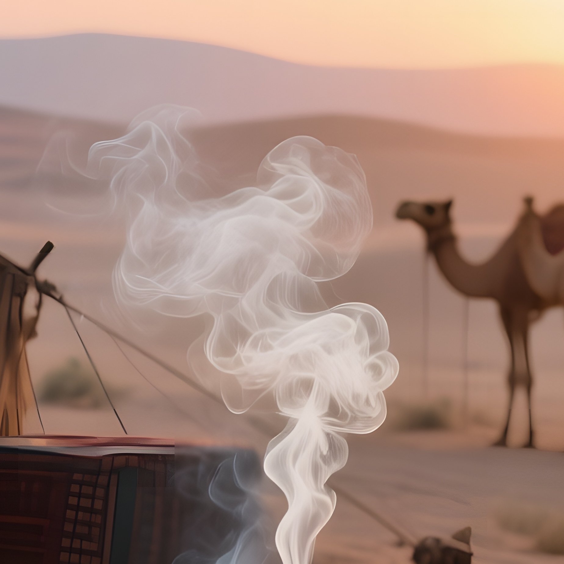 A Sunrise Desert Caravan Camp Altar Beside A Camel Herd, Woven Rugs Spread Out, A Brass Incense - Full Resolution Quality Preview