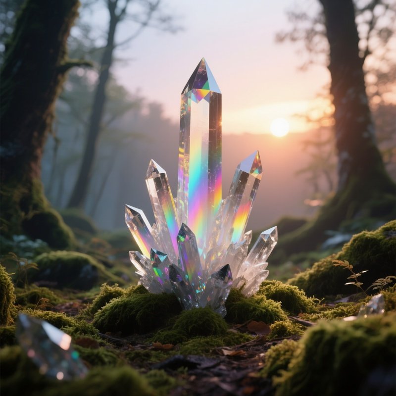 A Sunrise In A Secret Glade Where Crystal Formations Rise From The Ground Like Spires, Catching The