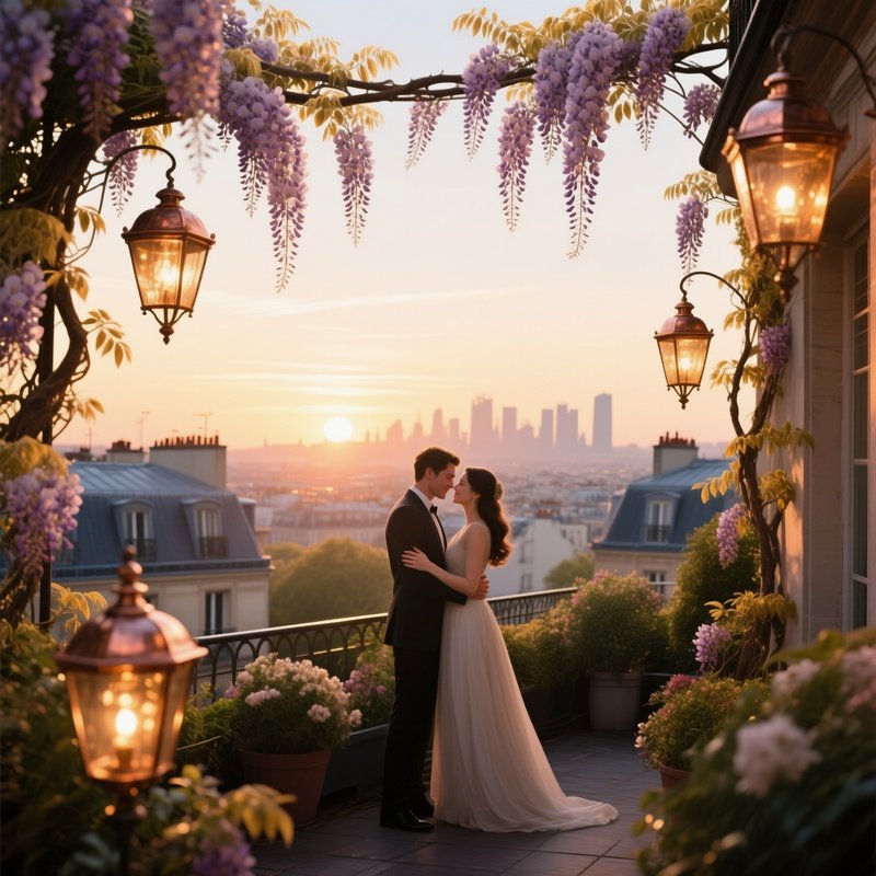 A Sunrise Lit Rooftop Garden In Paris Where A Couple Embraces Amid Blooming Wisteria Vines, Soft
