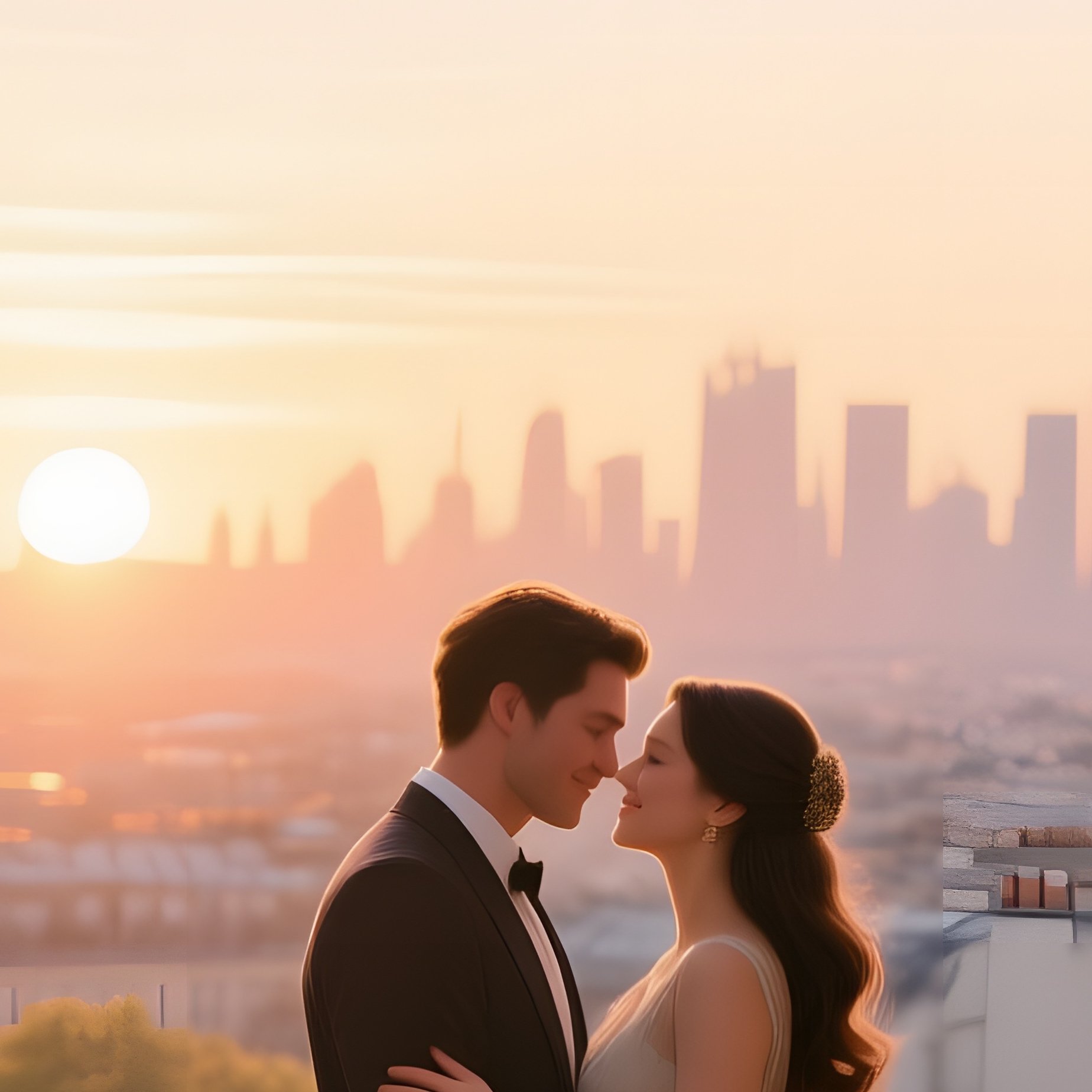 A Sunrise Lit Rooftop Garden In Paris Where A Couple Embraces Amid Blooming Wisteria Vines, Soft - Full Resolution Quality Preview