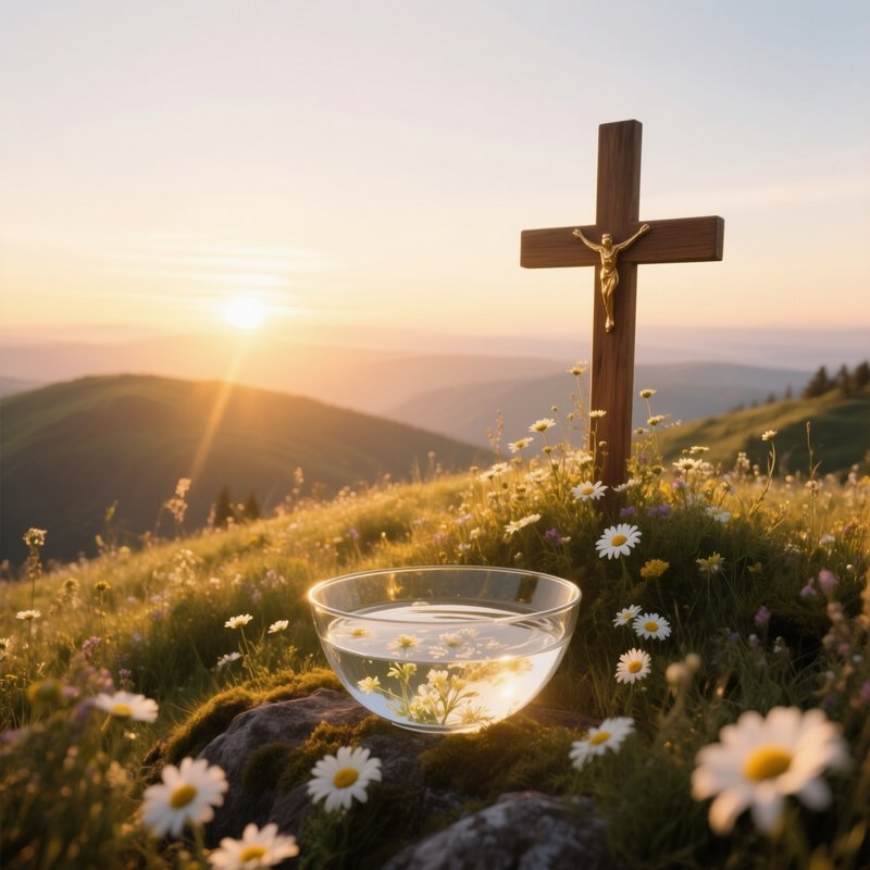 A Sunrise Meadow Altar On A Hilltop, Wild Daisies Surrounding A Wooden Cross, Golden Light Spilling