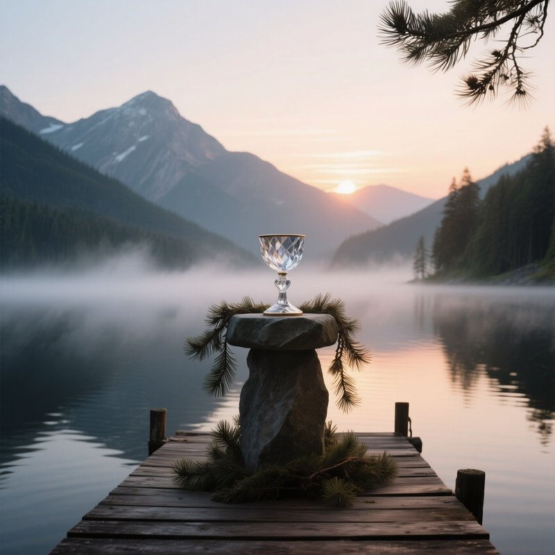 A Sunrise Mountain Lake Altar On A Wooden Dock, Mist Rising Off The Water, A Crystal Chalice