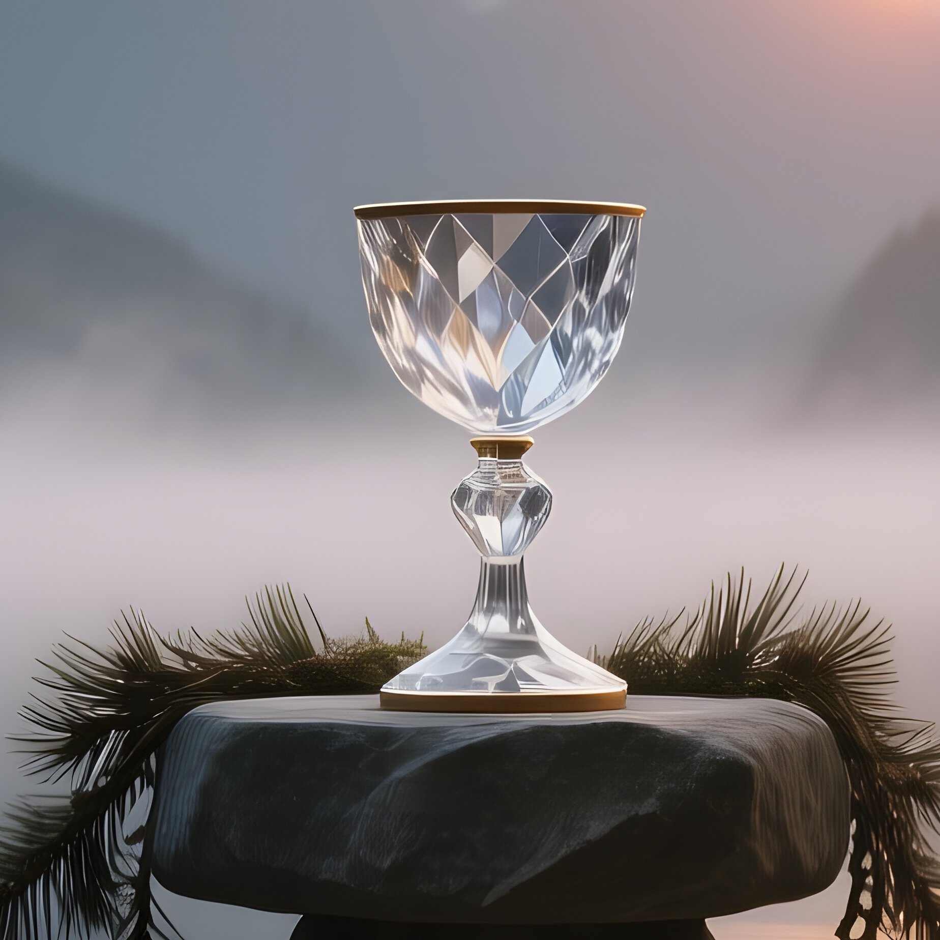 A Sunrise Mountain Lake Altar On A Wooden Dock, Mist Rising Off The Water, A Crystal Chalice - Full Resolution Quality Preview