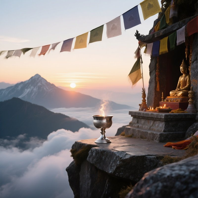 A Sunrise Mountain Shrine Altar On A Granite Ledge, Clouds Below, A Silver Chalice Catching The