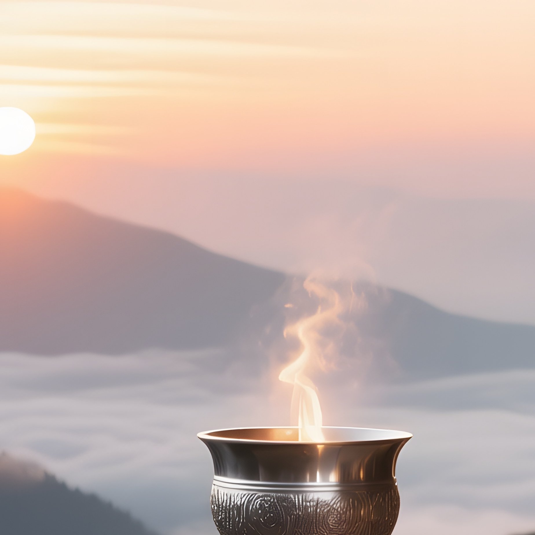 A Sunrise Mountain Shrine Altar On A Granite Ledge, Clouds Below, A Silver Chalice Catching The - Full Resolution Quality Preview