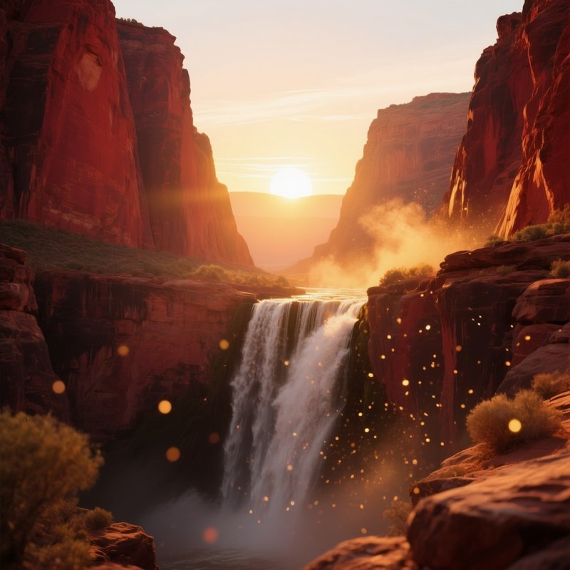 A Sunrise Over A Canyon Waterfall With Towering Red Rock Walls, Golden Light Painting The Cliffs