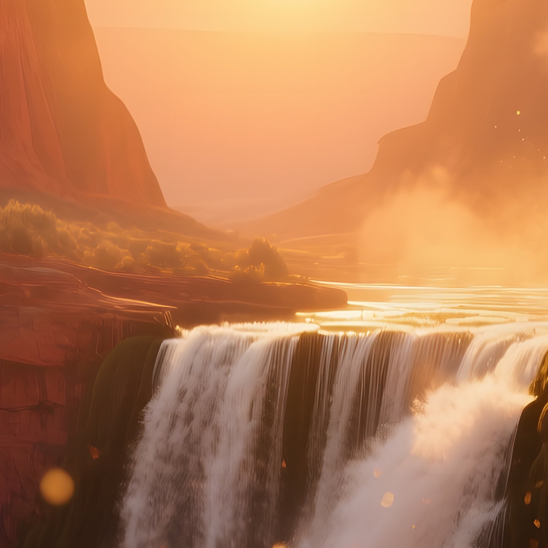 A Sunrise Over A Canyon Waterfall With Towering Red Rock Walls, Golden Light Painting The Cliffs - Full Resolution Quality Preview