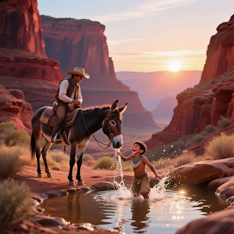 A Sunrise Over A Canyon With Layered Red Rock Formations, A Cowboy On A Mule Pauses To Water His