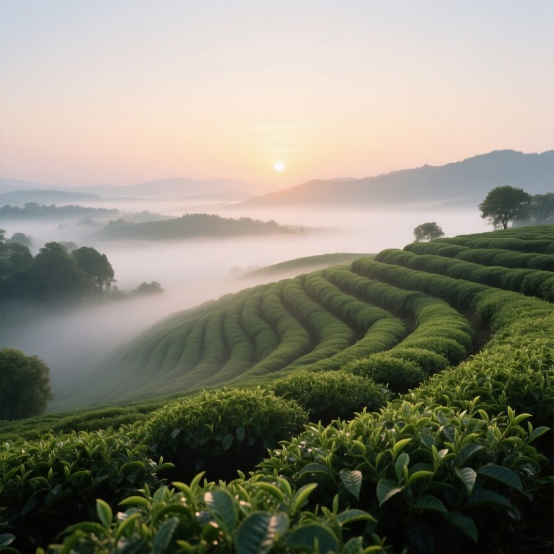 A Sunrise Over A Chinese Tea Plantation, Rows Of Verdant Leaves Stretching To The Horizon, Mist