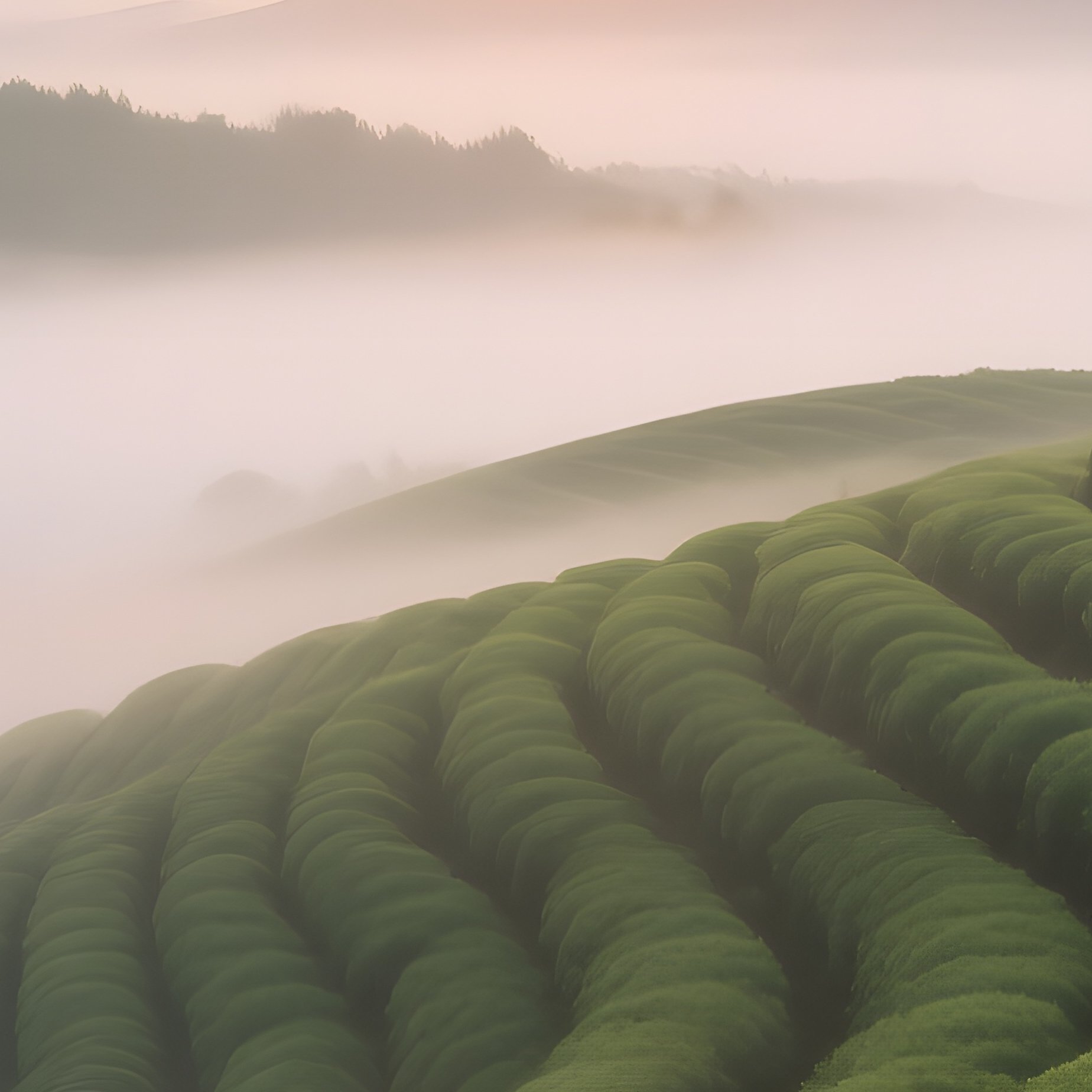 A Sunrise Over A Chinese Tea Plantation, Rows Of Verdant Leaves Stretching To The Horizon, Mist - Full Resolution Quality Preview