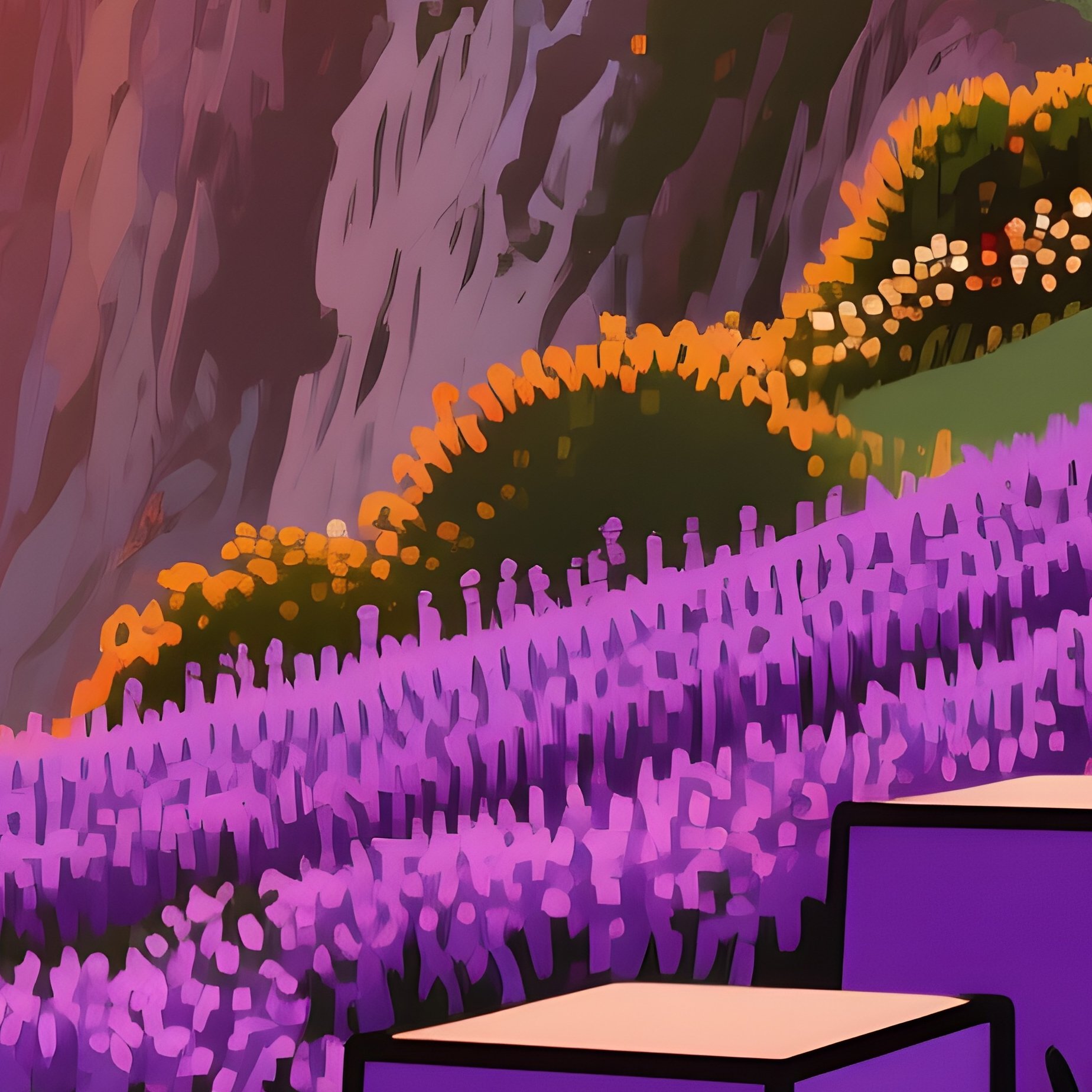 A Sunrise Over A Cliffside Garden Where Pop‑Art Lavender Fields Stretch Into The Distance, Each - Full Resolution Quality Preview