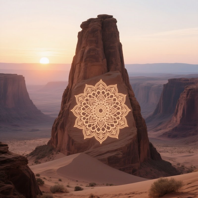 A Sunrise Over A Desert Canyon Where A Towering Sandstone Monolith Has Been Carved Into An