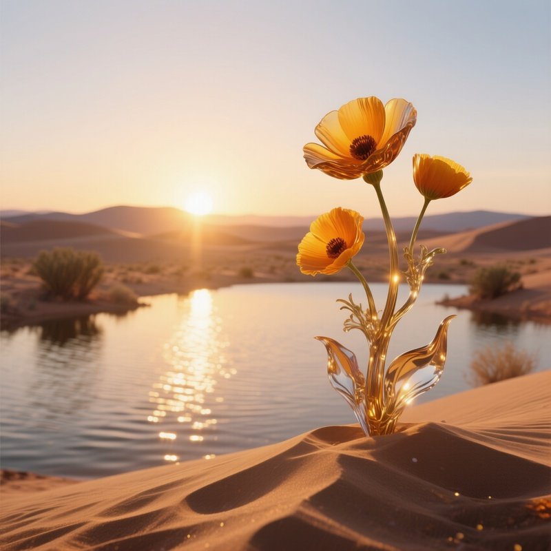 A Sunrise Over A Desert Oasis, A Glass Sculpture Of Desert Marigolds Perched On Sand Dunes,