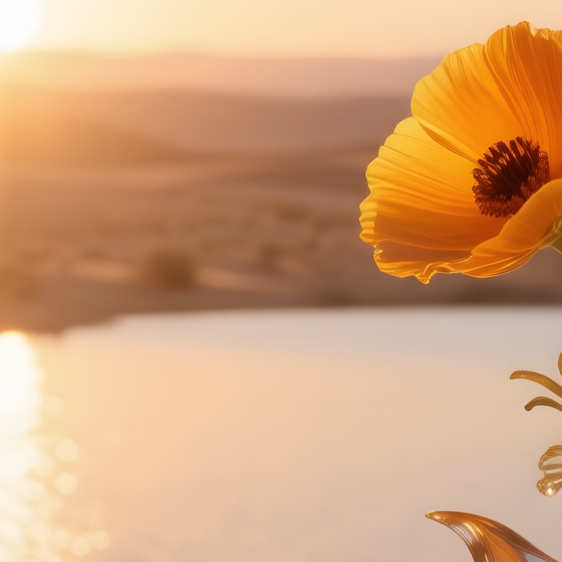 A Sunrise Over A Desert Oasis, A Glass Sculpture Of Desert Marigolds Perched On Sand Dunes, - Full Resolution Quality Preview