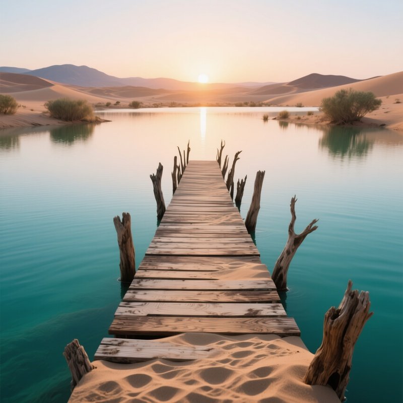 A Sunrise Over A Desert Oasis Where A Wooden Dock Of Reclaimed Driftwood Stretches Into Turquoise