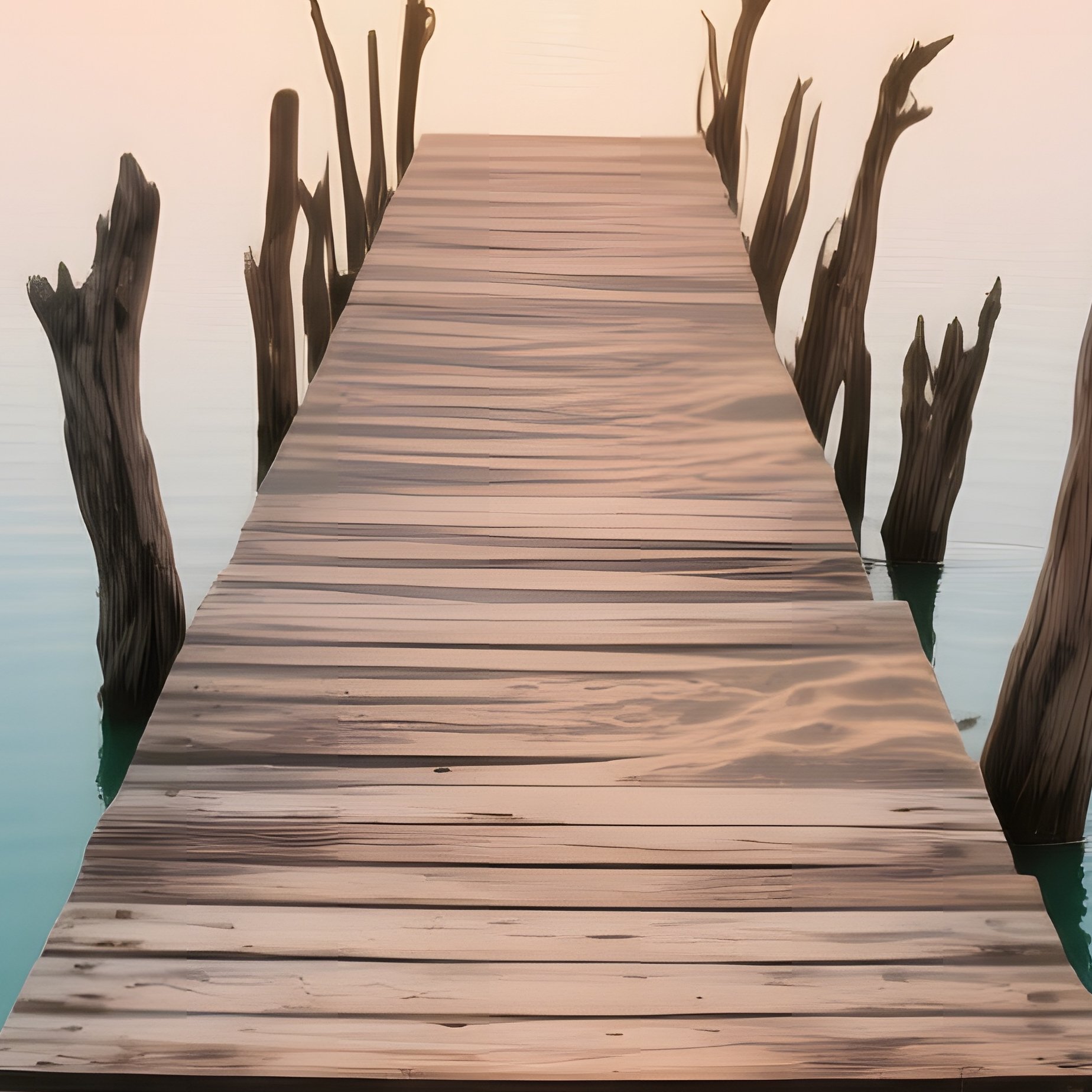 A Sunrise Over A Desert Oasis Where A Wooden Dock Of Reclaimed Driftwood Stretches Into Turquoise - Full Resolution Quality Preview