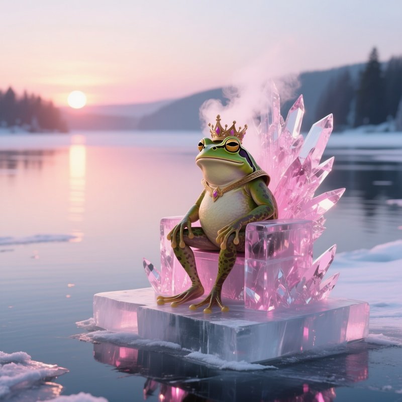A Sunrise Over A Frozen Lake Where The Frog Prince Sits On An Ice Throne, Crystalline Shards