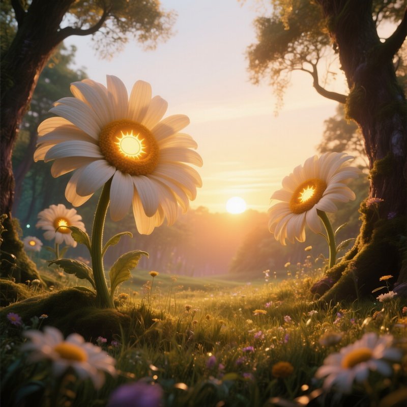 A Sunrise Over A Magical Meadow Within A Fairy Tale Wood, Where Giant Daisies Open To Reveal Tiny