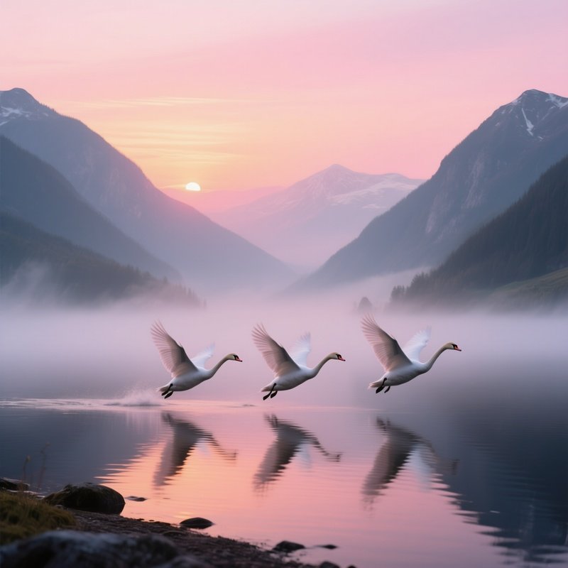 A Sunrise Over A Misty Mountain Valley Lake, Pastel Pink And Orange Hues Painting The Sky, Three