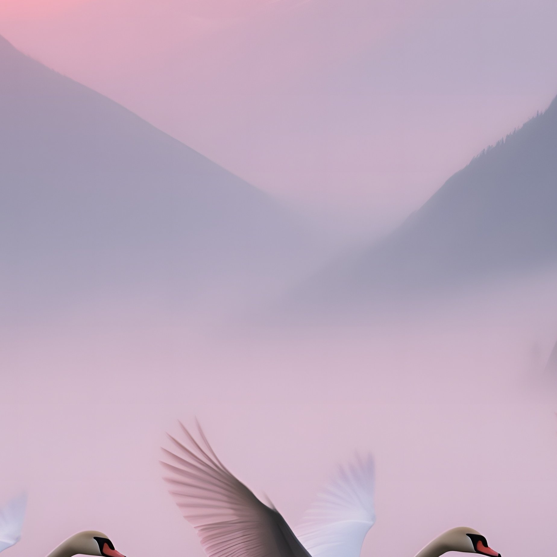 A Sunrise Over A Misty Mountain Valley Lake, Pastel Pink And Orange Hues Painting The Sky, Three - Full Resolution Quality Preview