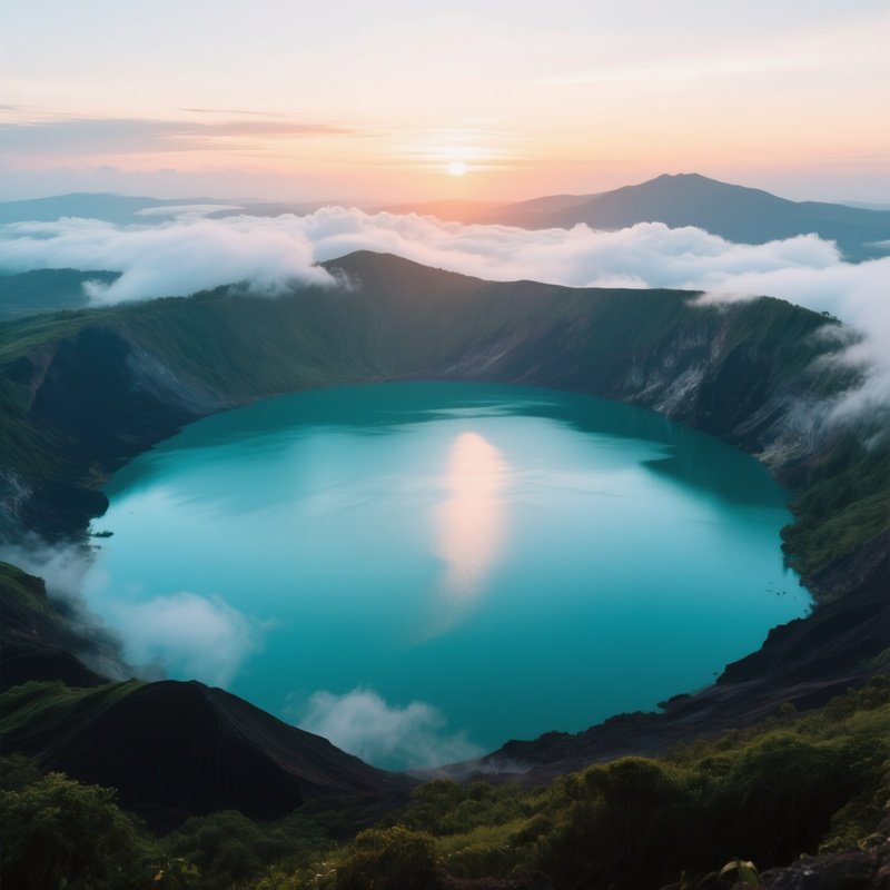 A Sunrise Over A Philippine Volcanic Crater Lake, Water Shimmering Turquoise, Clouds Drifting Low