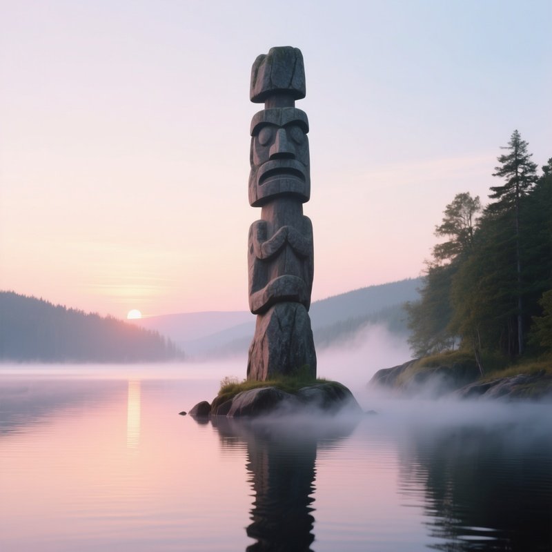 A Sunrise Over A Quiet Lake Where A Towering Granite Totem Rises From The Water’S Edge, Mist