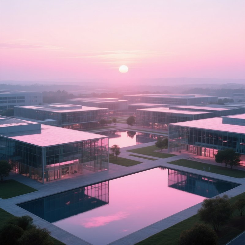A Sunrise Over A Sprawling Glass And Steel Campus With Interlocking Pavilions, Reflective Pools